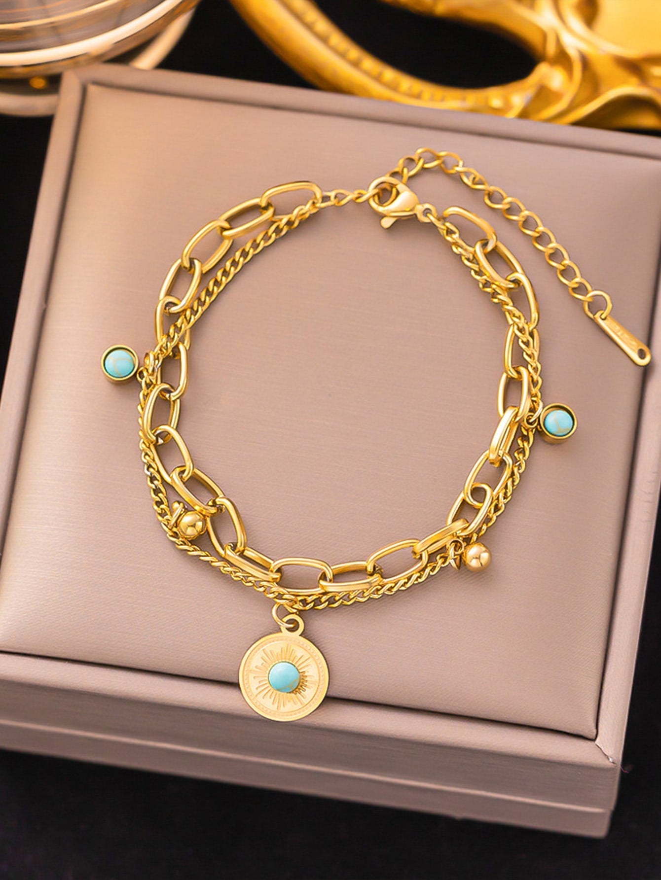 Shein - 1pc Dual Layer Turquoise Bead Stainless Steel Bracelet