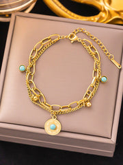 Shein - 1pc Dual Layer Turquoise Bead Stainless Steel Bracelet