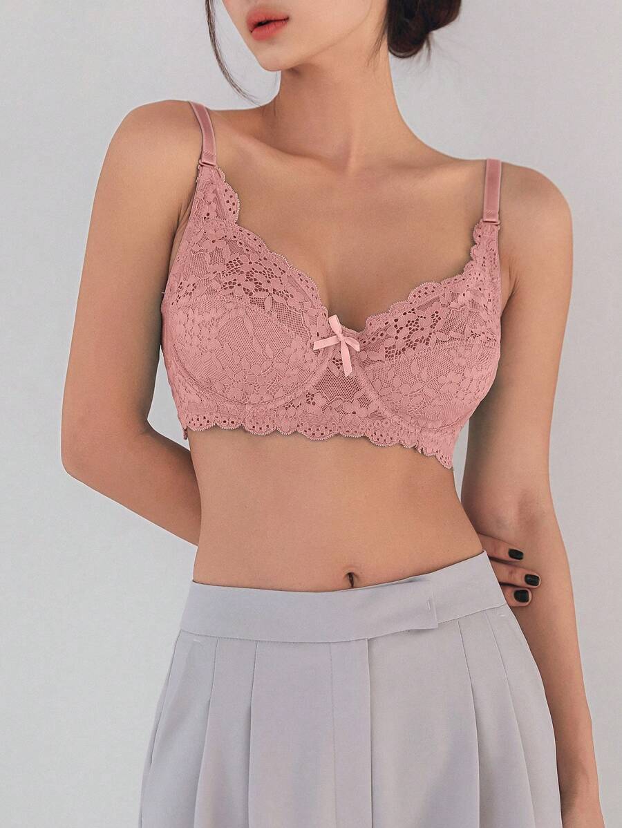 Shein - DAZY Metallic Loop Floral Lace Bra