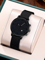 Shein - 1pc Men's Black Sports Round Calendar Indicator Quartz Watch With Nylon Strap And 3 Bracelets