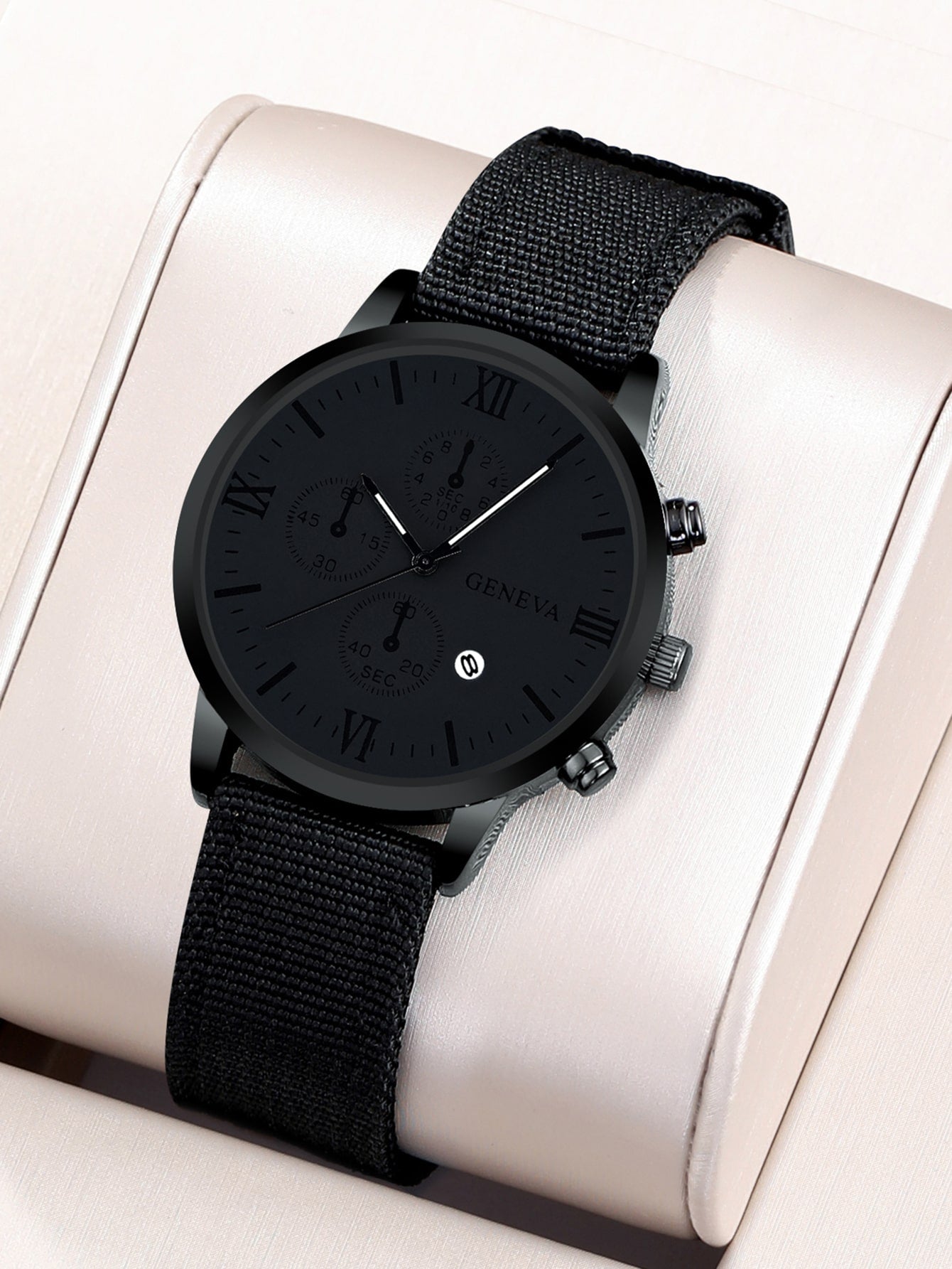 Shein - 1pc Men's Black Sports Round Calendar Indicator Quartz Watch With Nylon Strap And 3 Bracelets