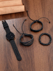 Shein - 1pc Men's Black Sports Round Calendar Indicator Quartz Watch With Nylon Strap And 3 Bracelets