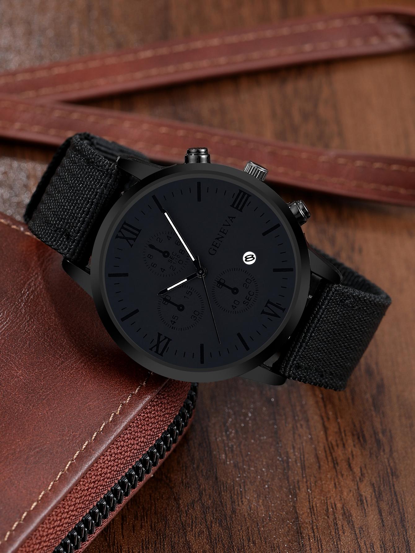 Shein - 1pc Men's Black Sports Round Calendar Indicator Quartz Watch With Nylon Strap And 3 Bracelets