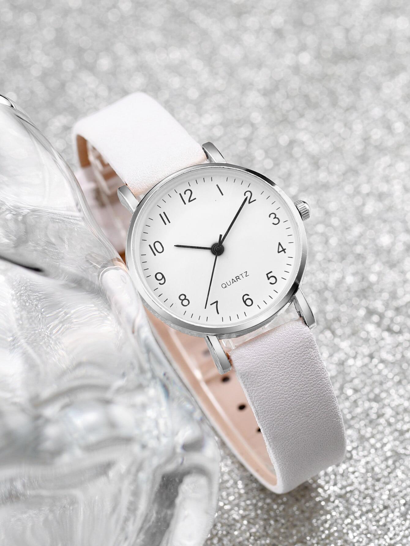 Shein - Ladies' Leather Strap Fashionable Minimalist Numeric Markers Dial Quartz Watch And Jewelry Set (5pcs/set)