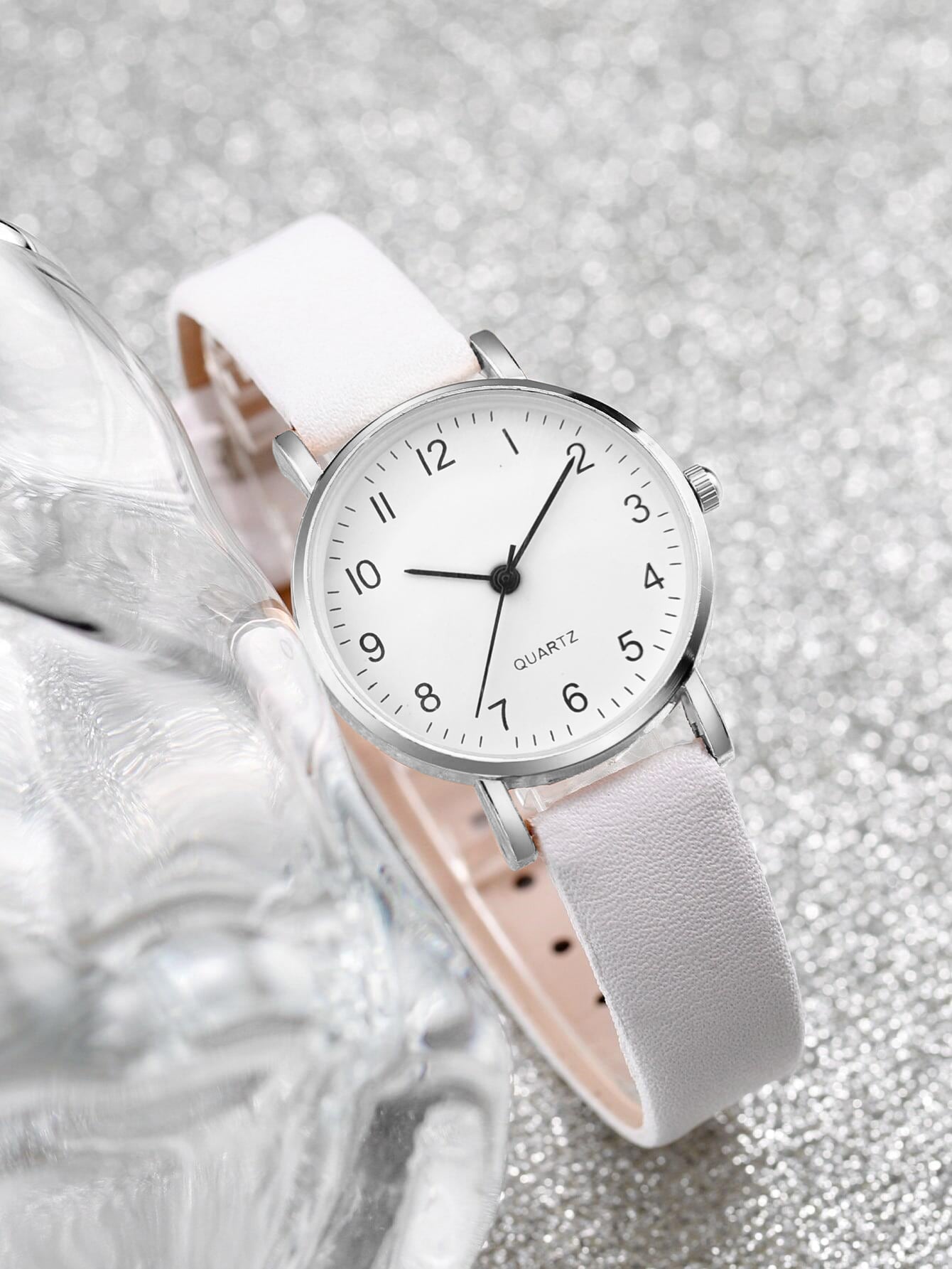 Shein - Ladies' Leather Strap Fashionable Minimalist Numeric Markers Dial Quartz Watch And Jewelry Set (5pcs/set)