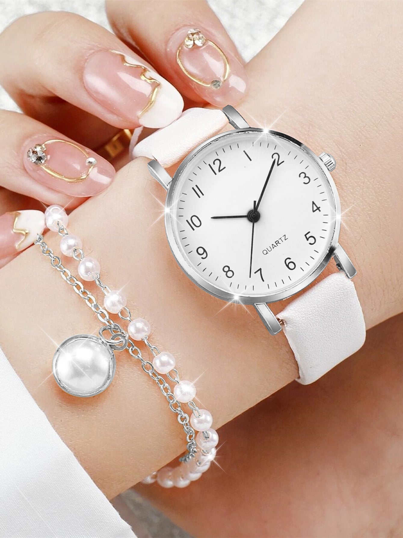 Shein - Ladies' Leather Strap Fashionable Minimalist Numeric Markers Dial Quartz Watch And Jewelry Set (5pcs/set)