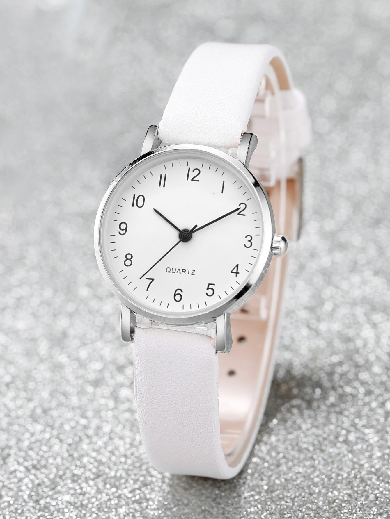 Shein - Ladies' Leather Strap Fashionable Minimalist Numeric Markers Dial Quartz Watch And Jewelry Set (5pcs/set)