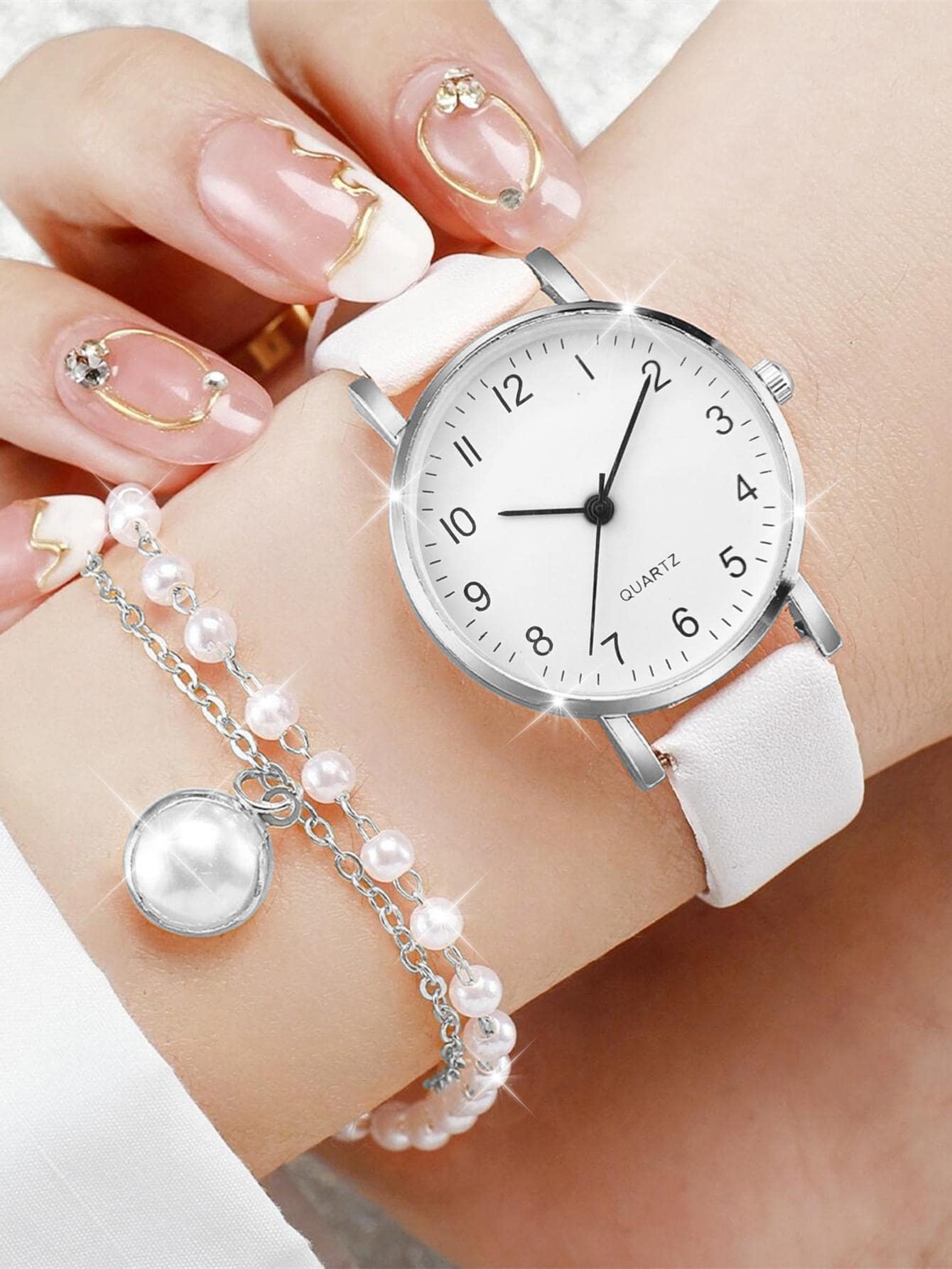 Shein - Ladies' Leather Strap Fashionable Minimalist Numeric Markers Dial Quartz Watch And Jewelry Set (5pcs/set)