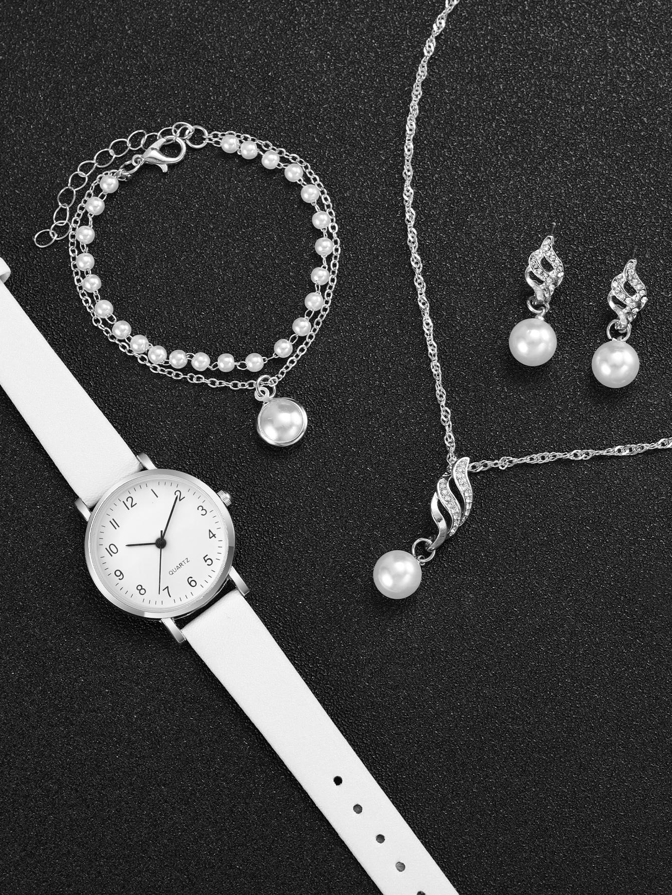 Shein - Ladies' Leather Strap Fashionable Minimalist Numeric Markers Dial Quartz Watch And Jewelry Set (5pcs/set)