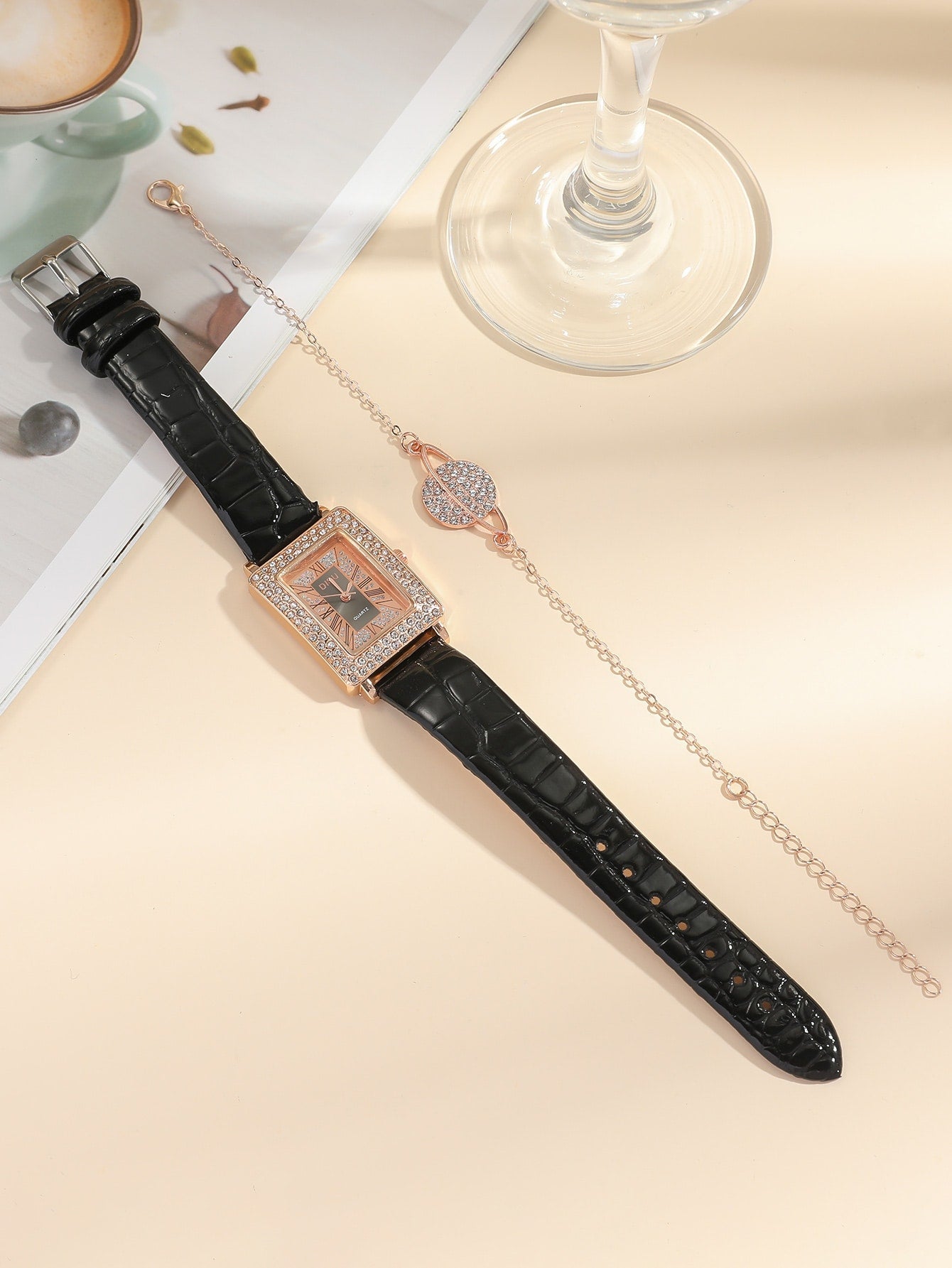 Shein - 1pc Rhinestone Decor Rectangle Pointer Quartz Watch & 1pc Bracelet