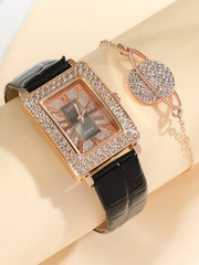 Shein - 1pc Rhinestone Decor Rectangle Pointer Quartz Watch & 1pc Bracelet