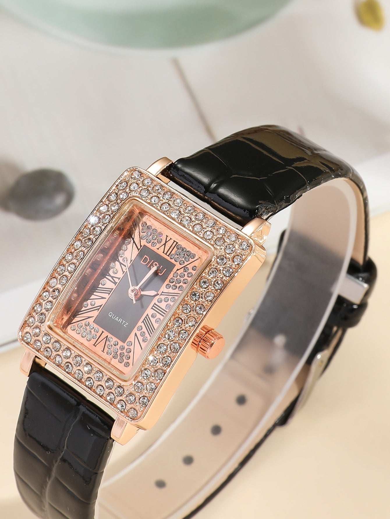 Shein - 1pc Rhinestone Decor Rectangle Pointer Quartz Watch & 1pc Bracelet