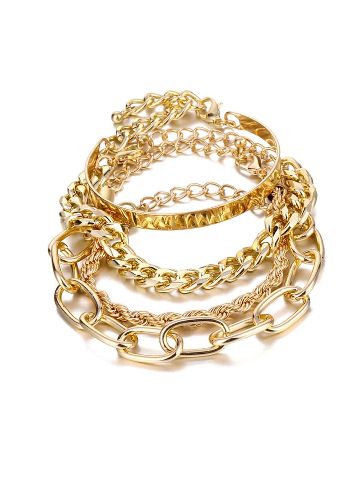Shein - Punk style bracelet adjustable fashion chain Paper clip thick flat chain women's jewelry set 4 pieces