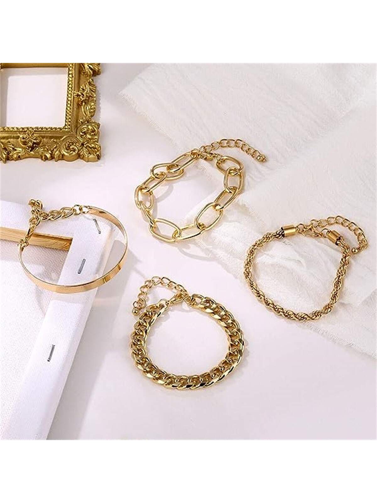 Shein - Punk style bracelet adjustable fashion chain Paper clip thick flat chain women's jewelry set 4 pieces