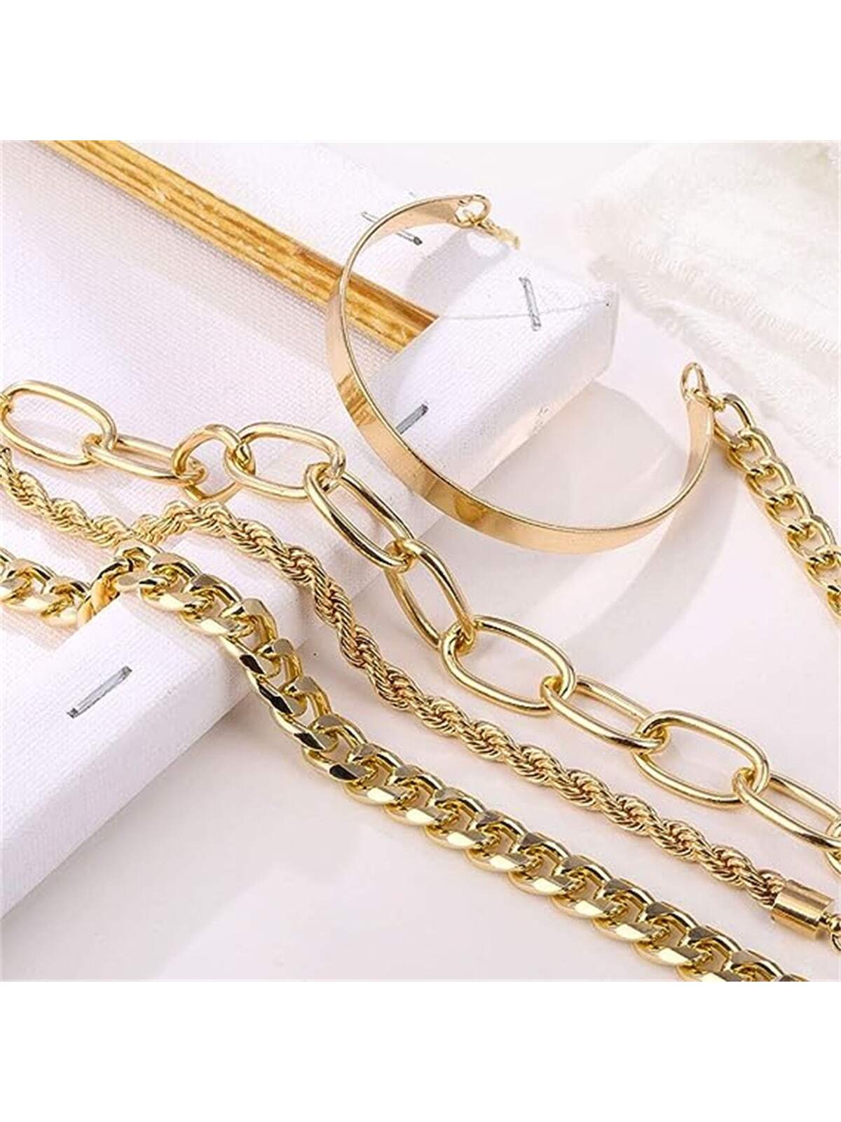 Shein - Punk style bracelet adjustable fashion chain Paper clip thick flat chain women's jewelry set 4 pieces