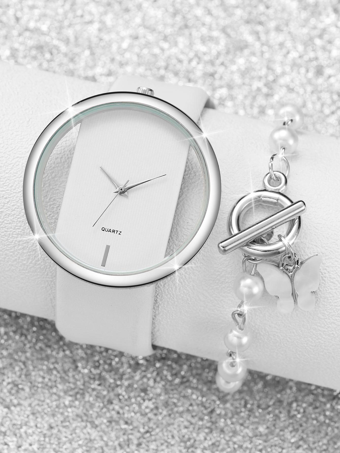 Shein - 1pc Minimalist Round Pointer Quartz Watch & 1pc Butterfly Charm Bracelet