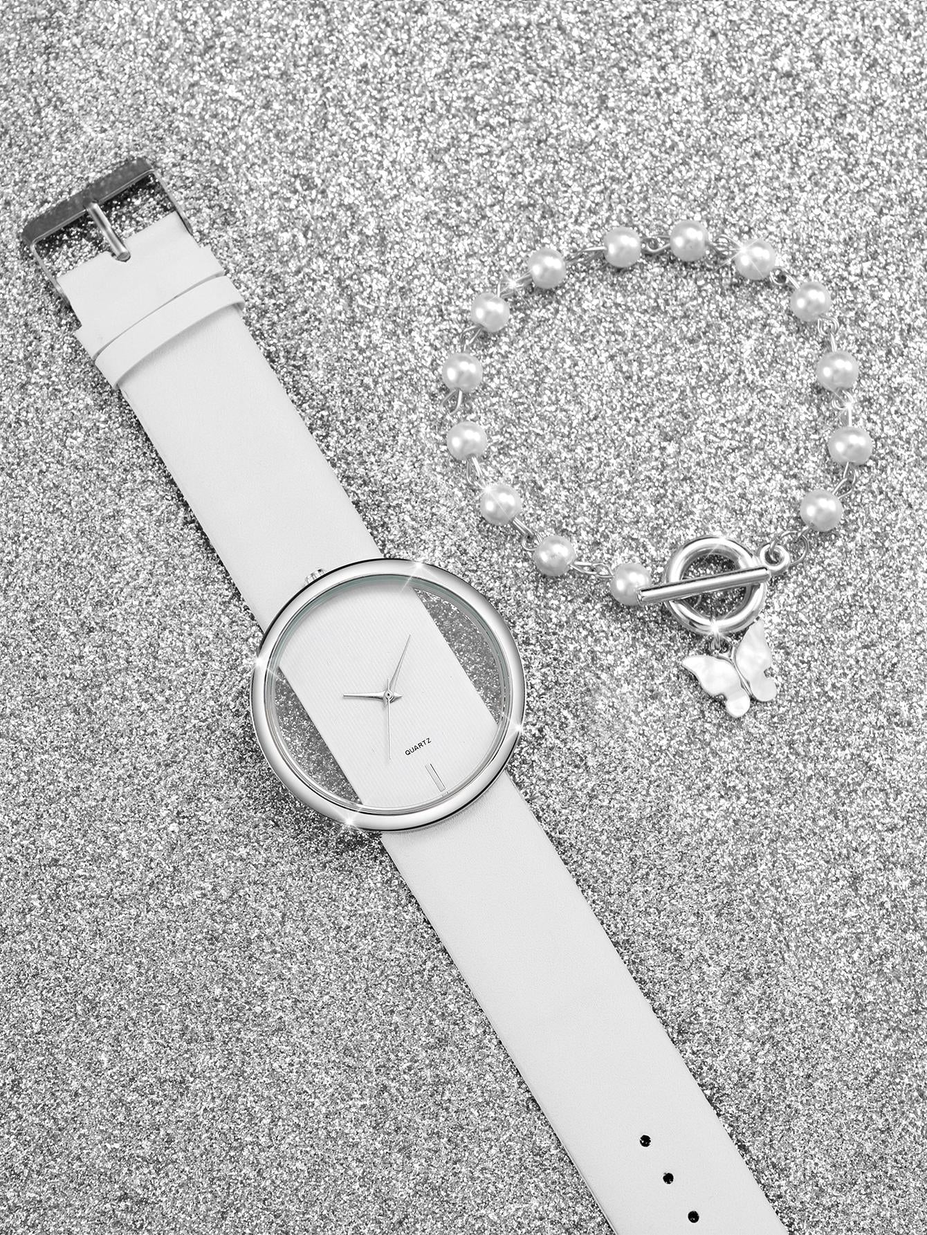 Shein - 1pc Minimalist Round Pointer Quartz Watch & 1pc Butterfly Charm Bracelet