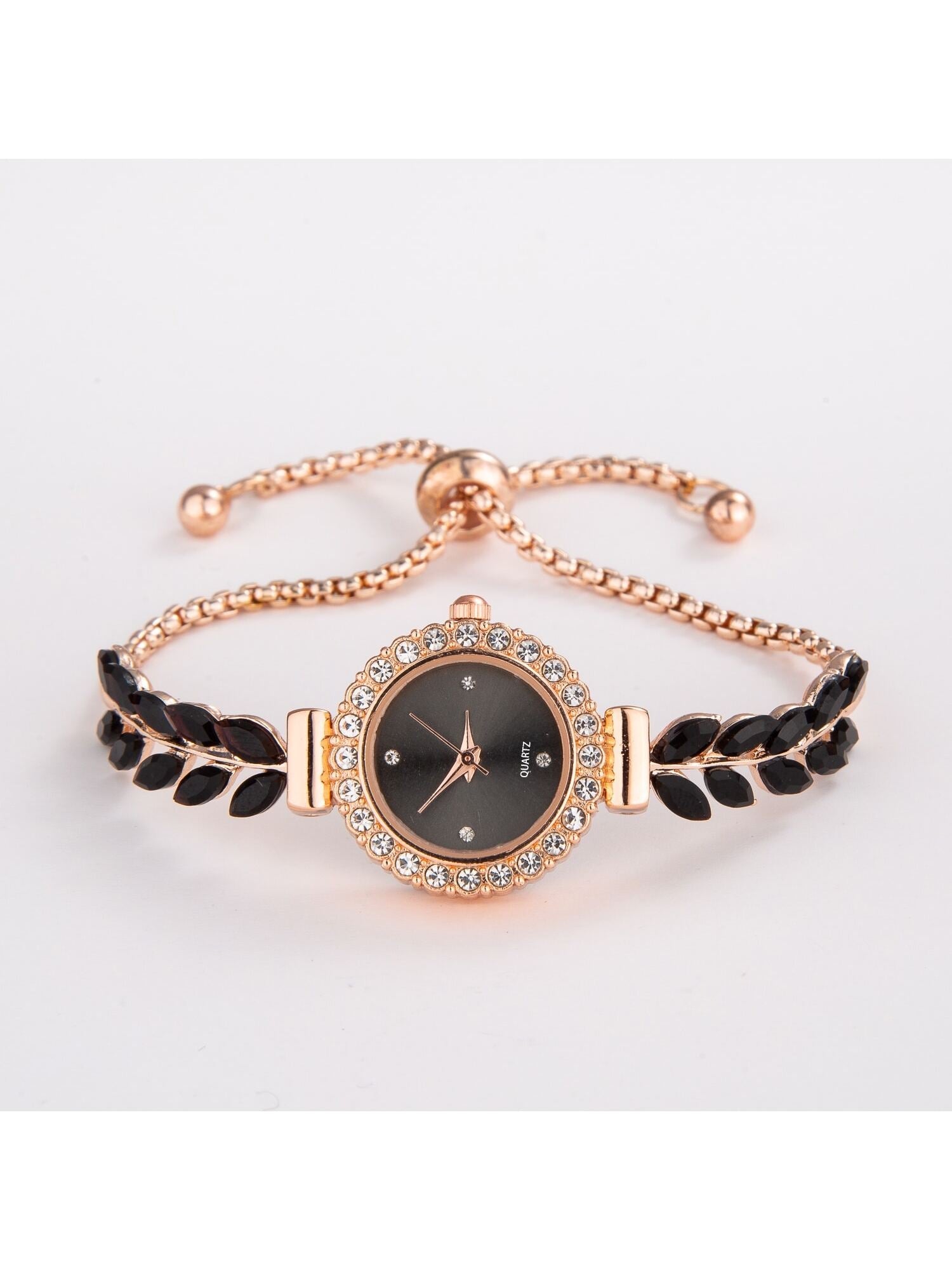 Shein - New Fashion Casual Women's Bracelet Watch With Cute Round Dial & Rhinestone Crystal, Leaf & Feather Strap, Alloy Quartz Wristwatch Gift