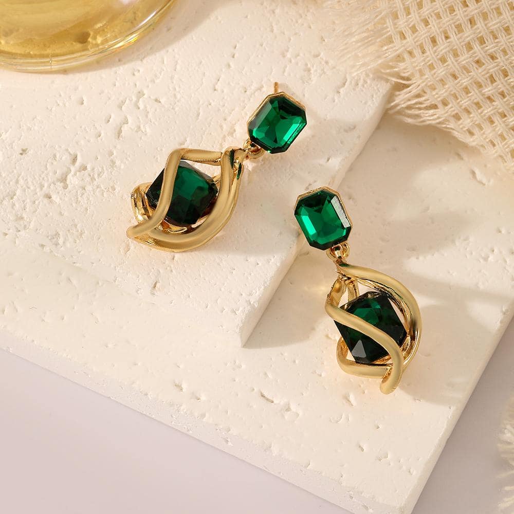 Shein - 2Pcs Geometric Green Gemstone & Diamond Drop Earrings For Women