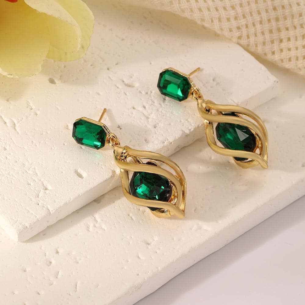 Shein - 2Pcs Geometric Green Gemstone & Diamond Drop Earrings For Women