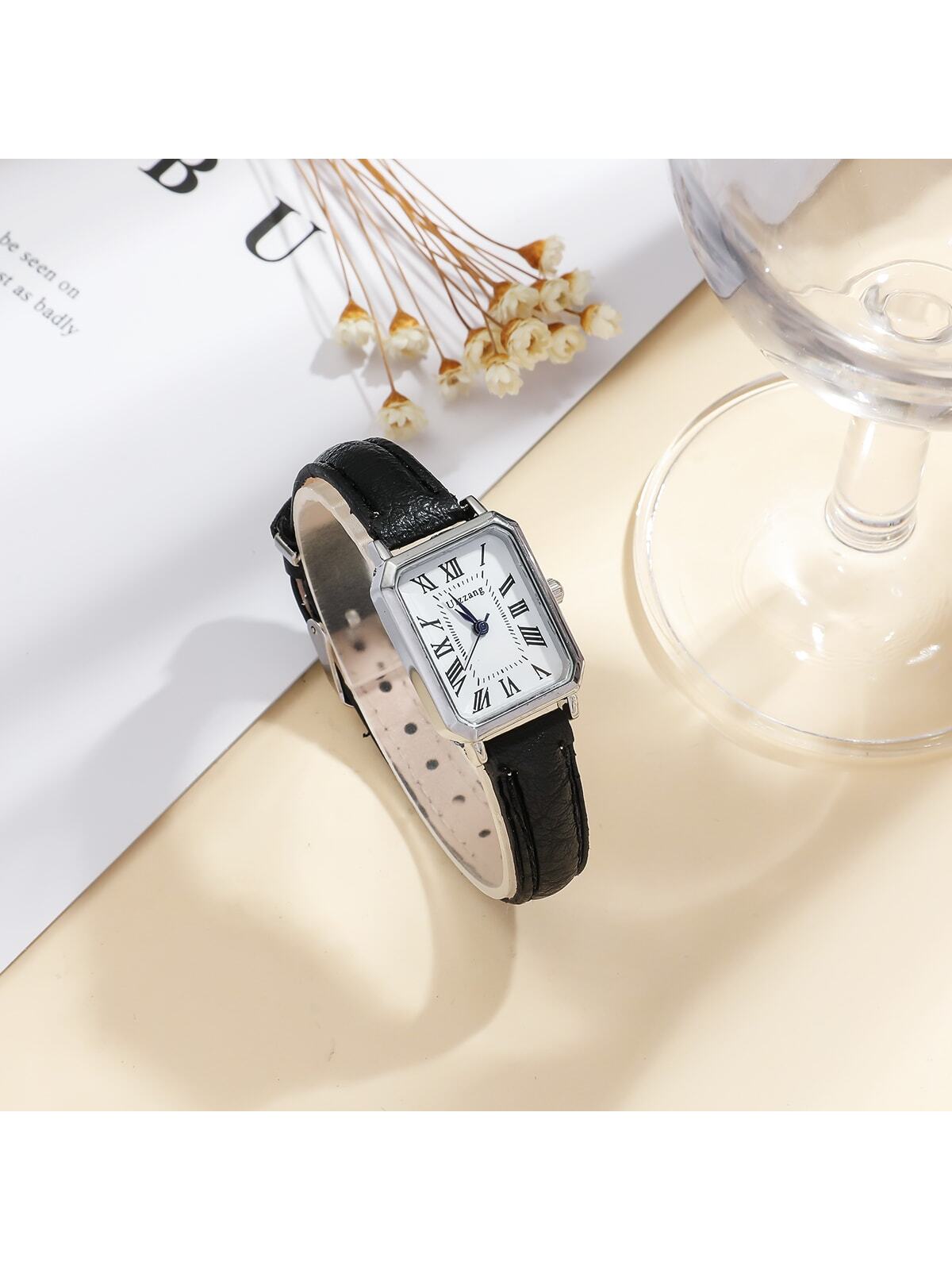 Shein - Minimalist Rectangular Faux Leather Strap Watch