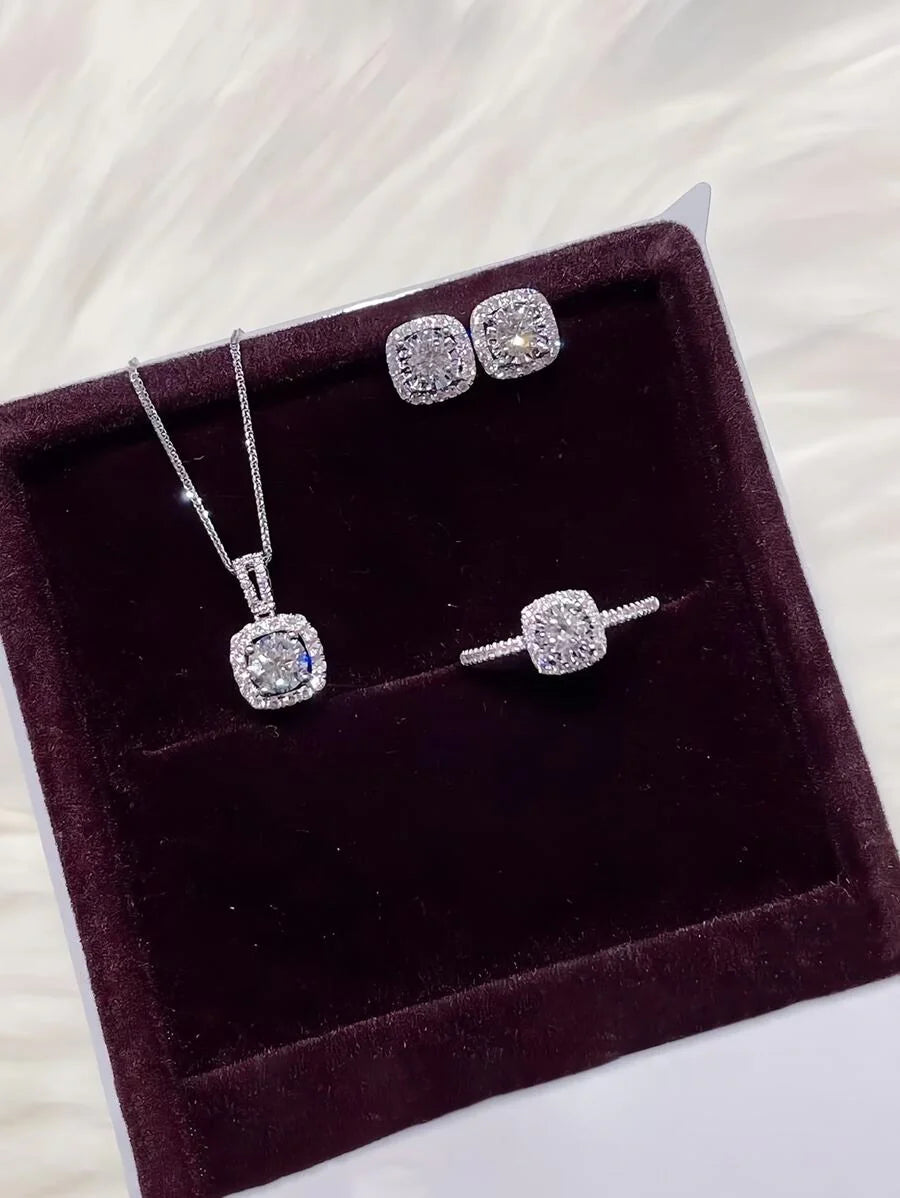 Shein 4pcs/set Luxury Square Rhinestone Necklace Earrings Ring Set Party Suit Formal Dress Accessory