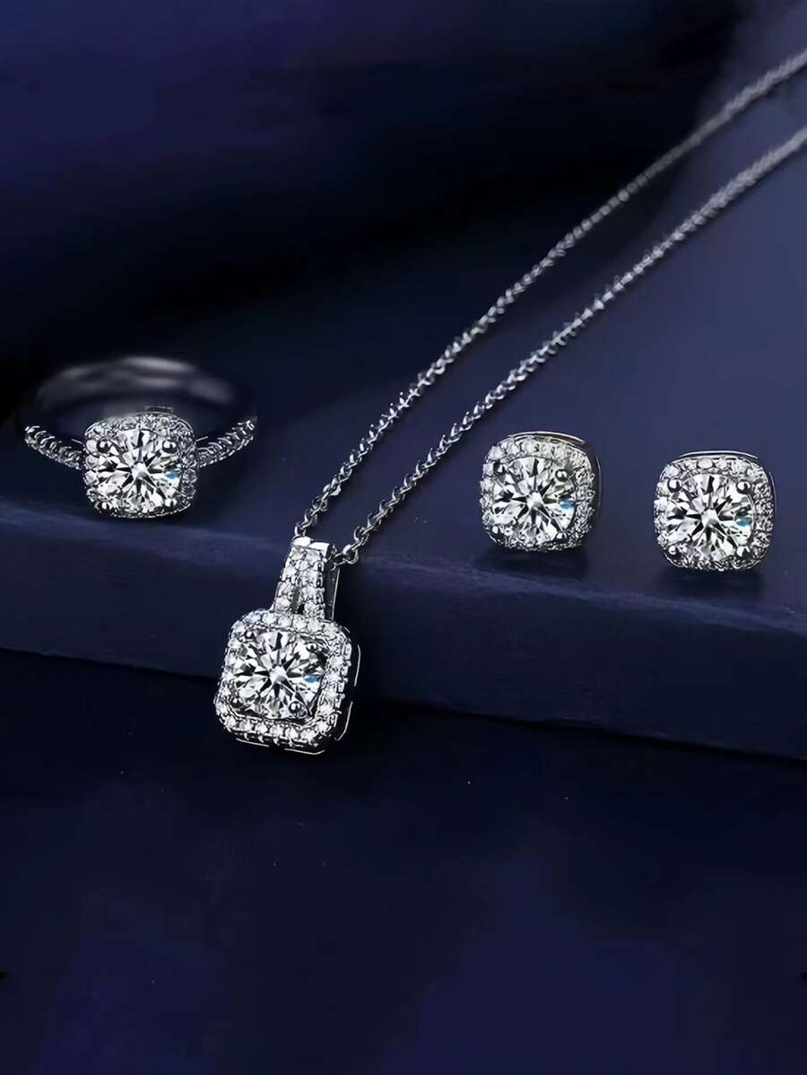 Shein 4pcs/set Luxury Square Rhinestone Necklace Earrings Ring Set Party Suit Formal Dress Accessory
