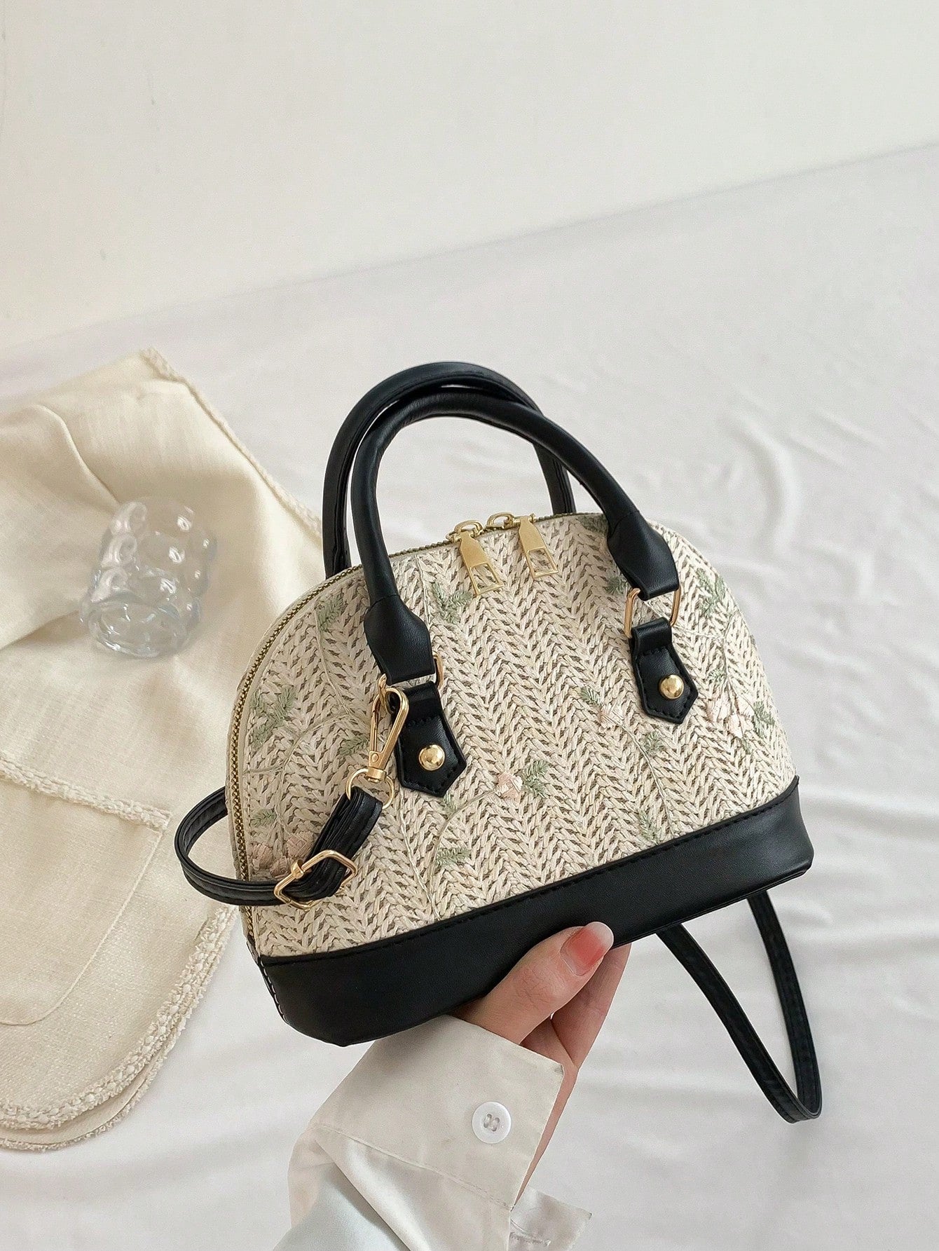 Shein - Color-Block Beach Style Woven Handbag With Adjustable Shoulder Strap