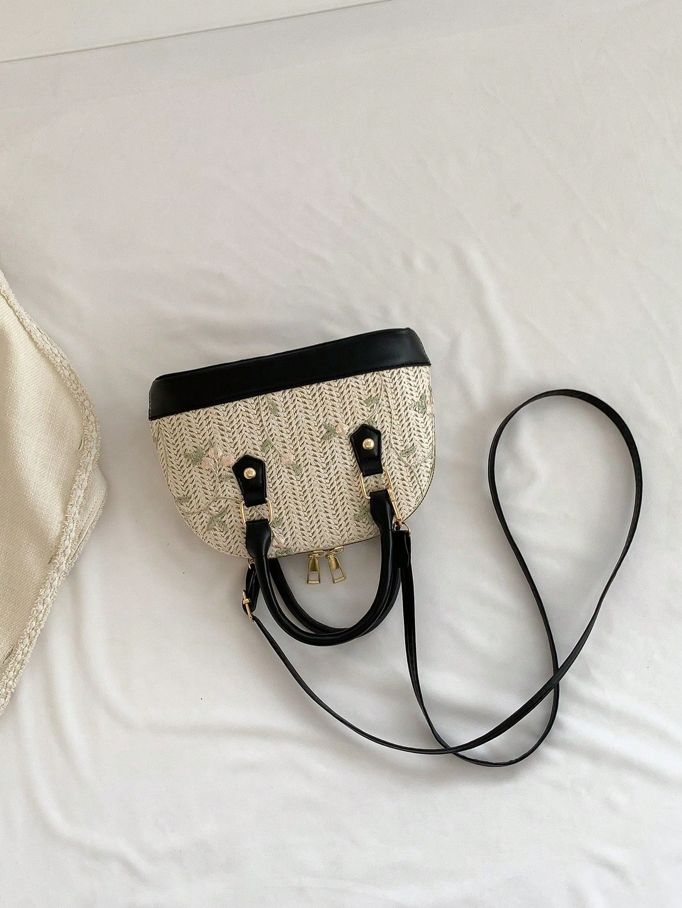Shein - Color-Block Beach Style Woven Handbag With Adjustable Shoulder Strap