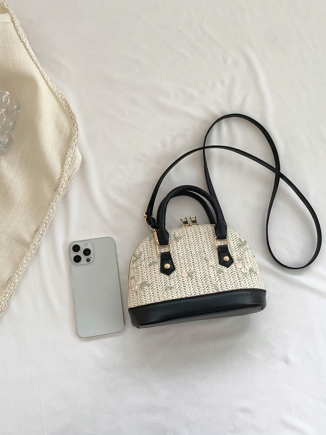 Shein - Color-Block Beach Style Woven Handbag With Adjustable Shoulder Strap