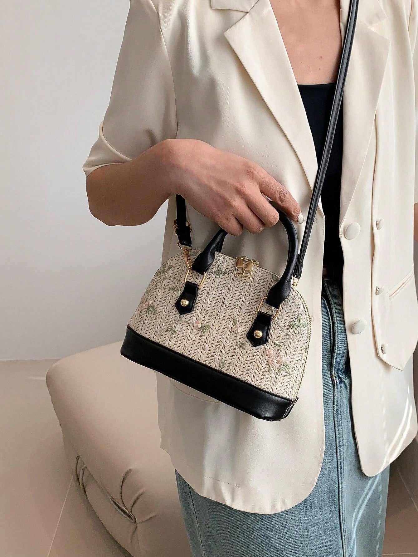 Shein - Color-Block Beach Style Woven Handbag With Adjustable Shoulder Strap