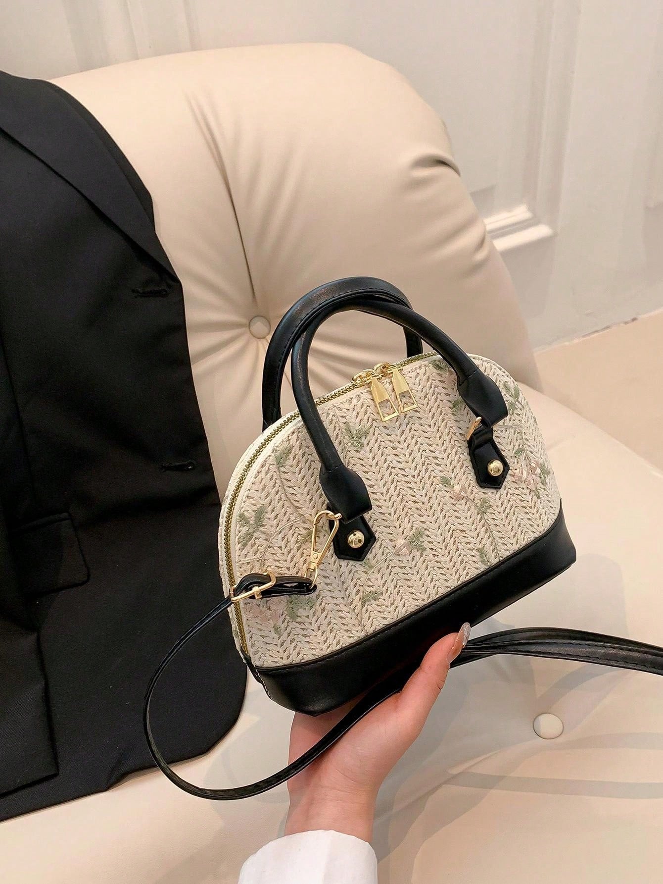 Shein - Color-Block Beach Style Woven Handbag With Adjustable Shoulder Strap