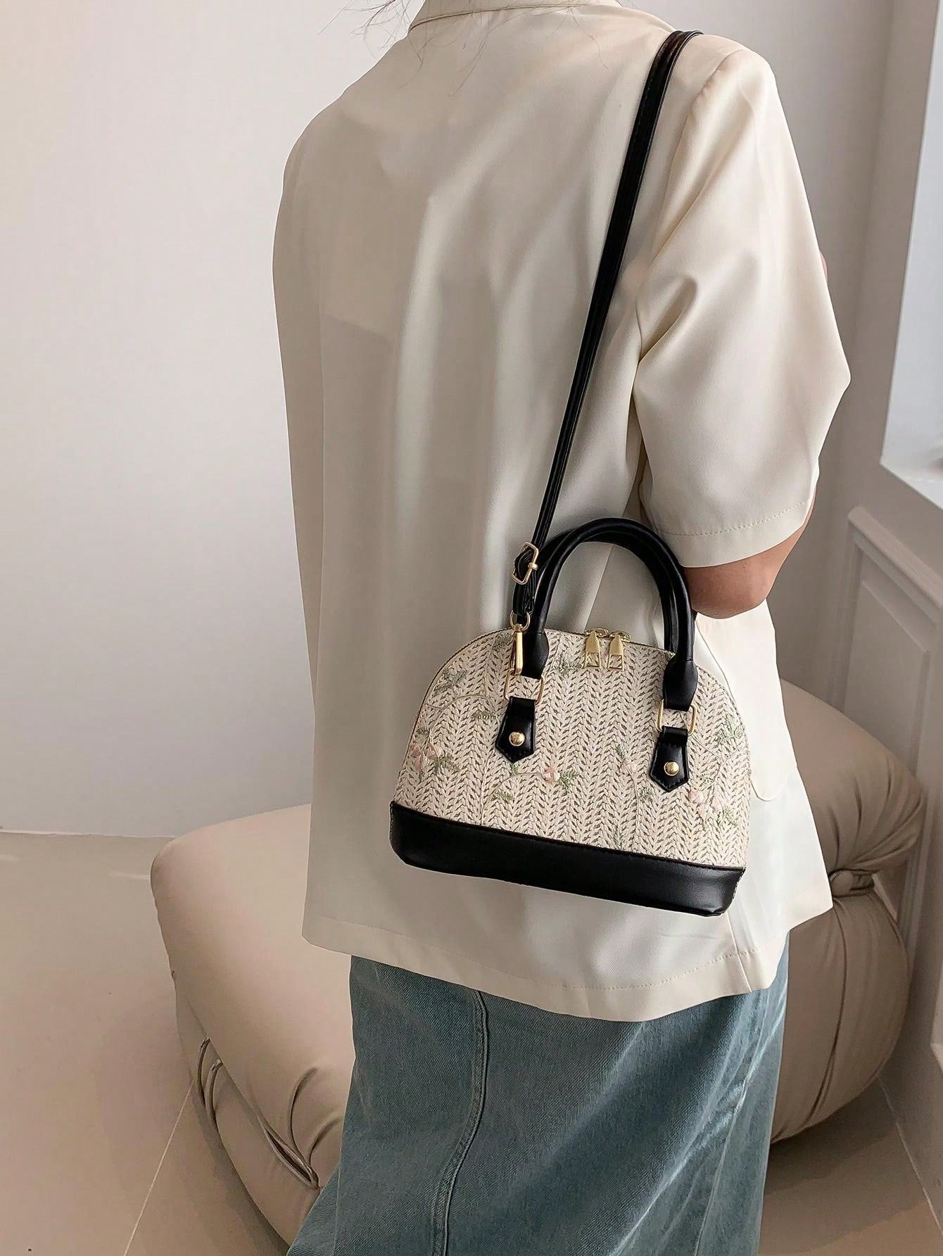 Shein - Color-Block Beach Style Woven Handbag With Adjustable Shoulder Strap