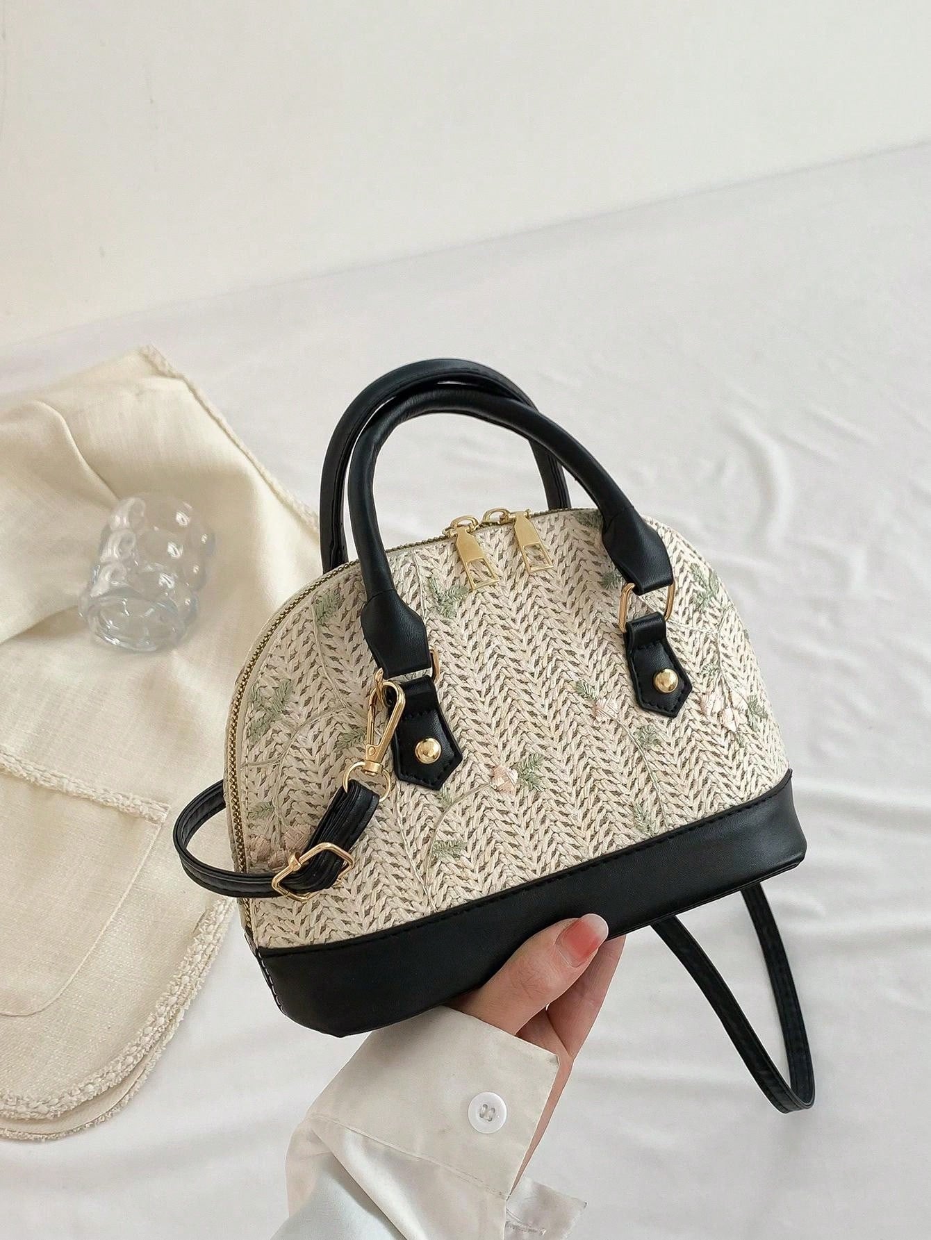 Shein - Color-Block Beach Style Woven Handbag With Adjustable Shoulder Strap