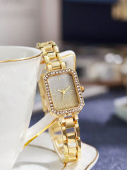 Shein - 1pc Women's Fashionable Square Quartz Watch With Small Rhinestones & 1pc Bracelet
