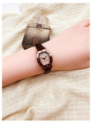 Shein - Fashionable & Personalized Brown Mirror Dial Student Wristwatch, Ladies' Round Small Dial Pu Leather Strap Watch