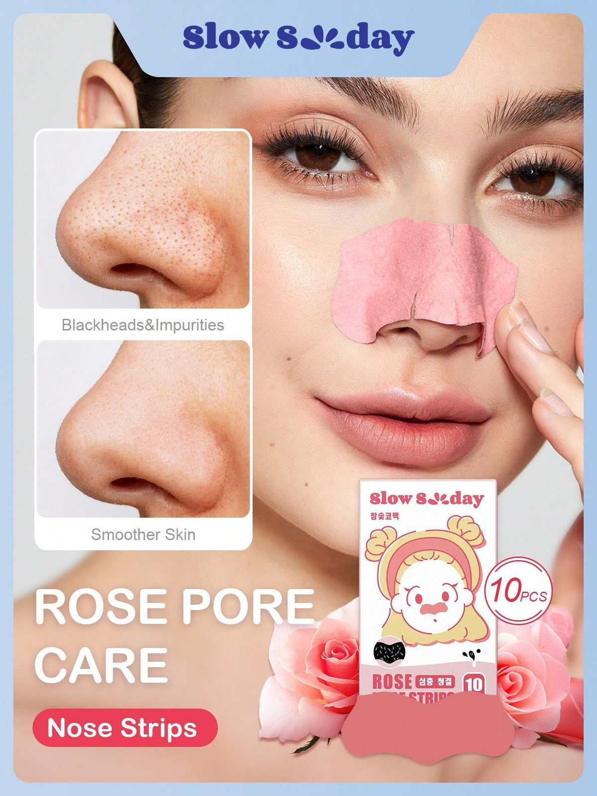 Shein - Slowsunday Blackhead Remover Nose Strips, Deep Cleanse And Refresh Your Skin, For Blackhead Removal On Oily Skin, With Instant Pore Unclogging, Features Natural Charcoal, 10Pcs - Black