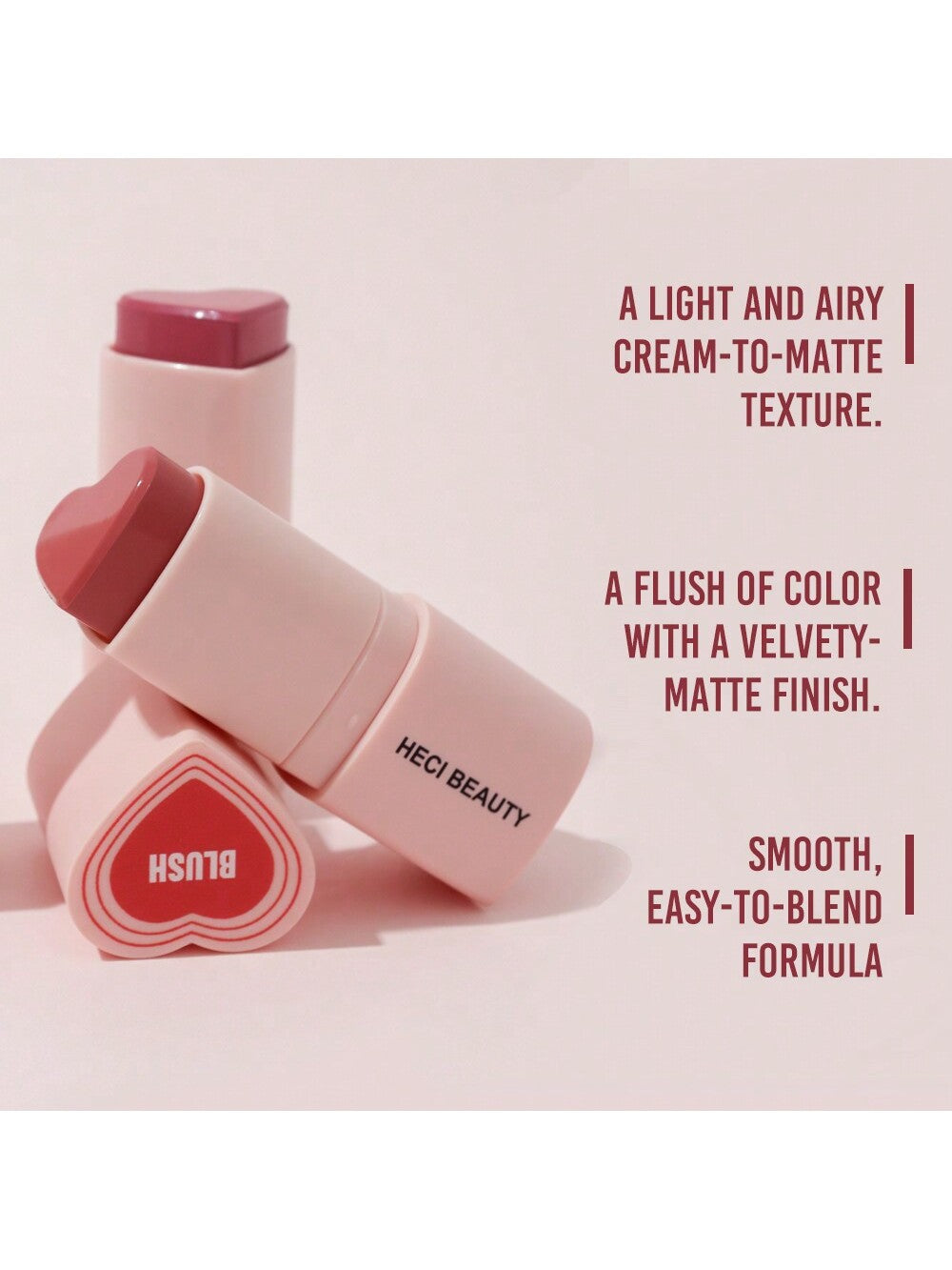 Shein - Heci Beauty Heart-Shaped Blush Stick 3-In-1 Cream Blush Lovely Beautiful Color Pink Natural Rose Gloss Makeup Blush Long-Lasting Lip, Eye And Cheek Blush 1Pc Love Holiday Gifts For Mother, Friends, Women And Girls Y2K