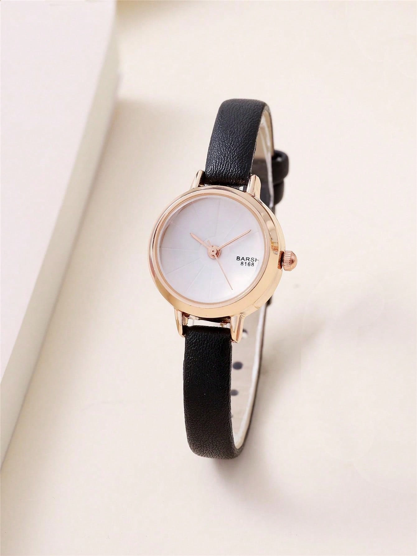 Shein - 1pc Black PU Polyurethane Strap Fashion Round Dial Quartz Watch, For Daily Life