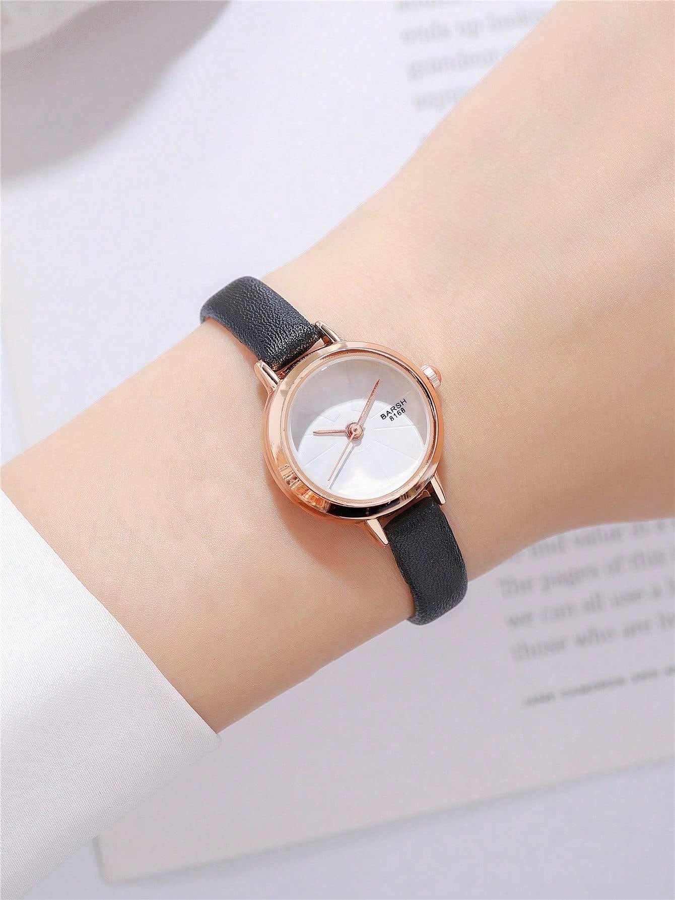 Shein - 1pc Black PU Polyurethane Strap Fashion Round Dial Quartz Watch, For Daily Life