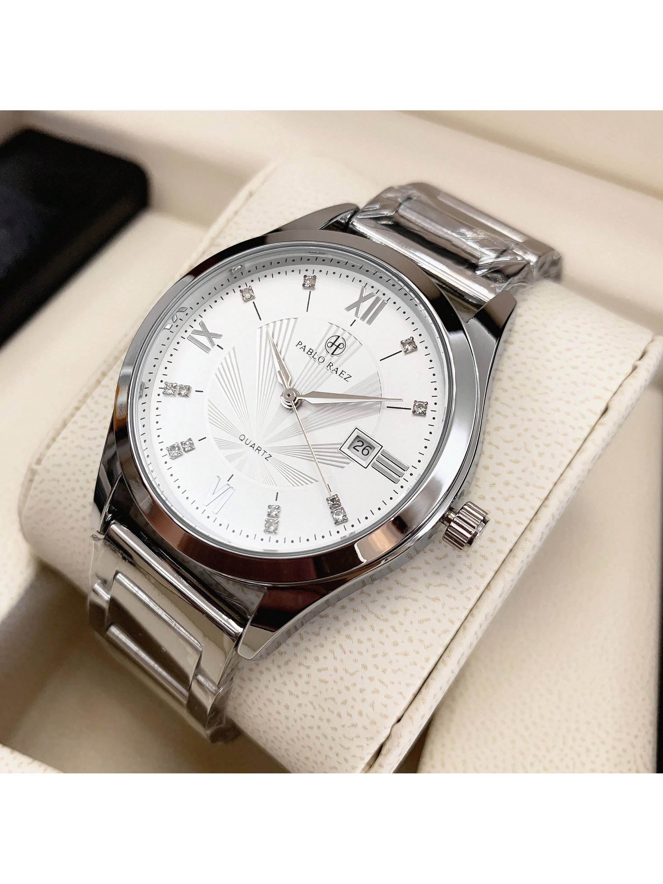 Shein - 1pc Men's Luxurious Style Wristwatch, Silver Stainless Steel Case, White Roman Numeral Dial With Rhinestone Watch