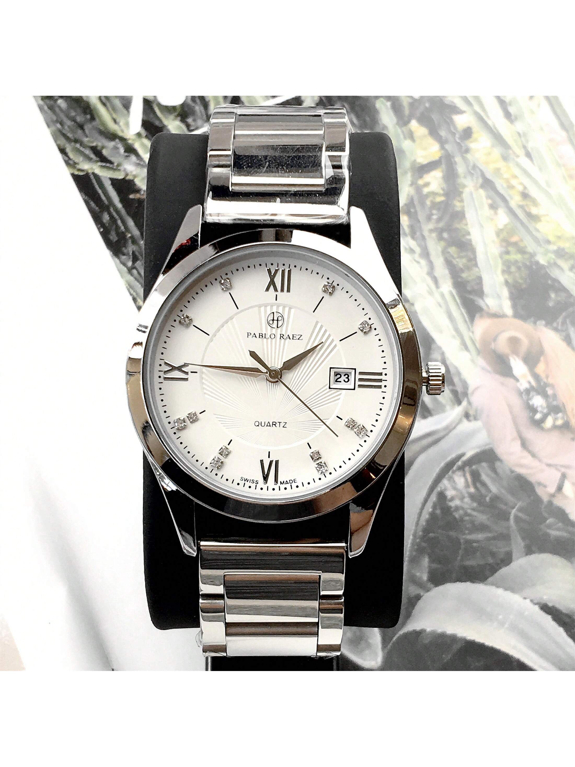 Shein - 1pc Men's Luxurious Style Wristwatch, Silver Stainless Steel Case, White Roman Numeral Dial With Rhinestone Watch