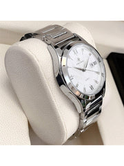 Shein - 1pc Men's Luxurious Style Wristwatch, Silver Stainless Steel Case, White Roman Numeral Dial With Rhinestone Watch