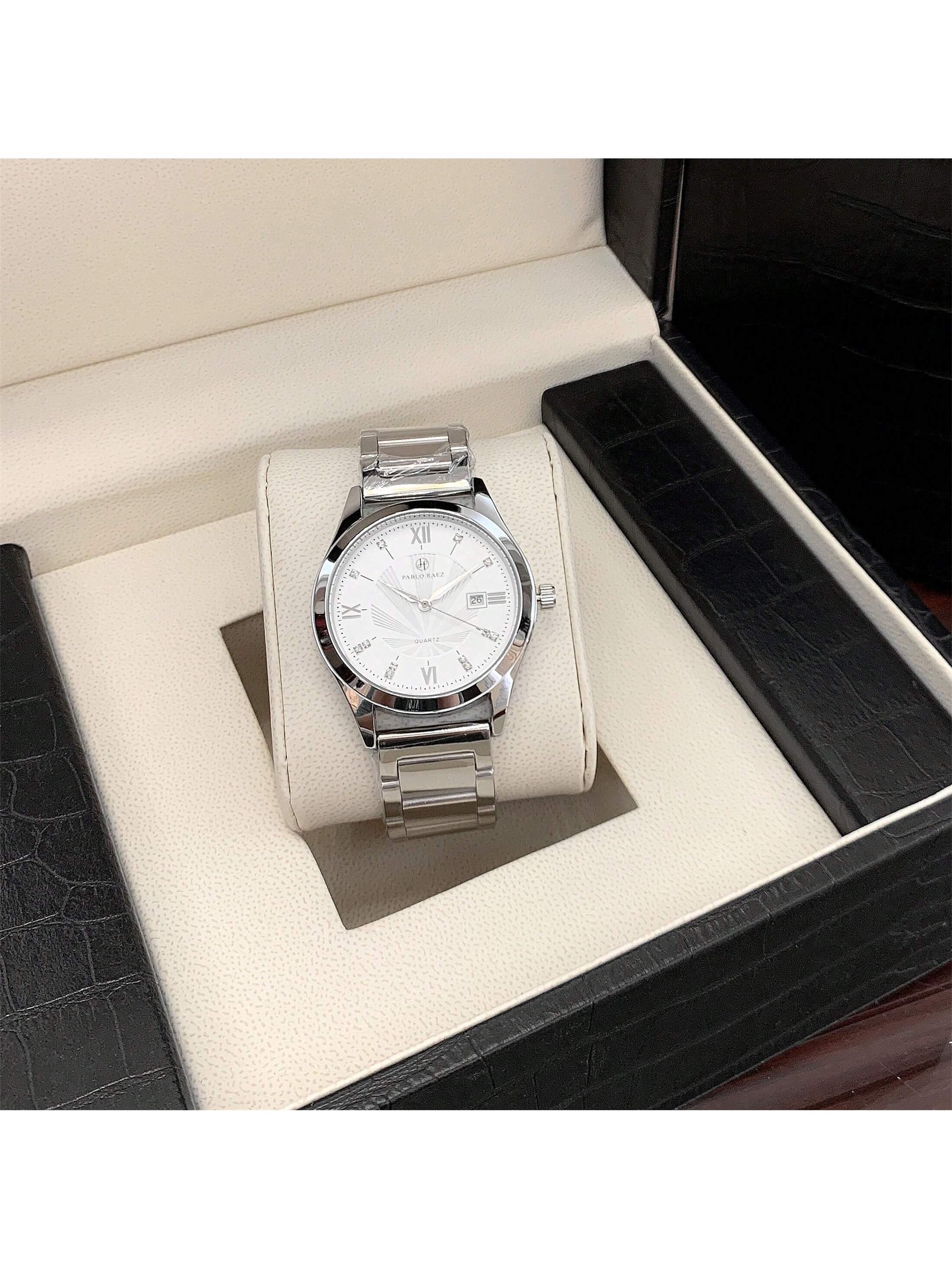 Shein - 1pc Men's Luxurious Style Wristwatch, Silver Stainless Steel Case, White Roman Numeral Dial With Rhinestone Watch