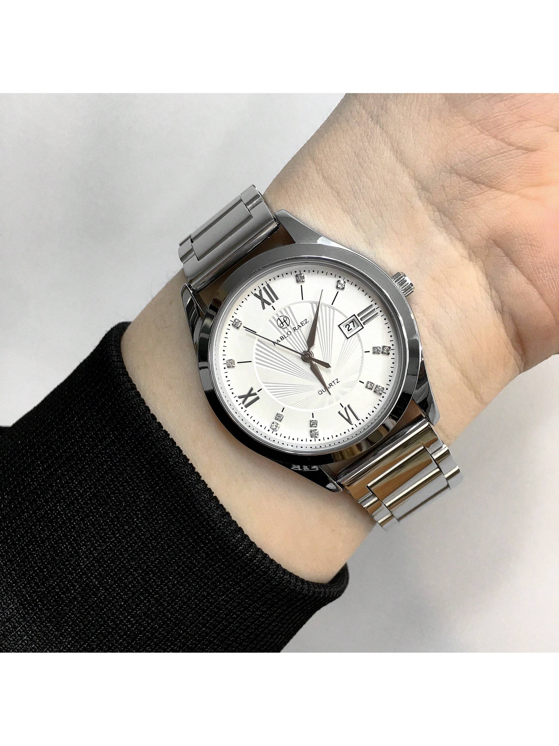 Shein - 1pc Men's Luxurious Style Wristwatch, Silver Stainless Steel Case, White Roman Numeral Dial With Rhinestone Watch