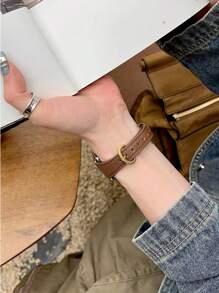 Shein - 1pc Apple Watch Band, Real Leather Watch Band For Women, Brown Simple Chic