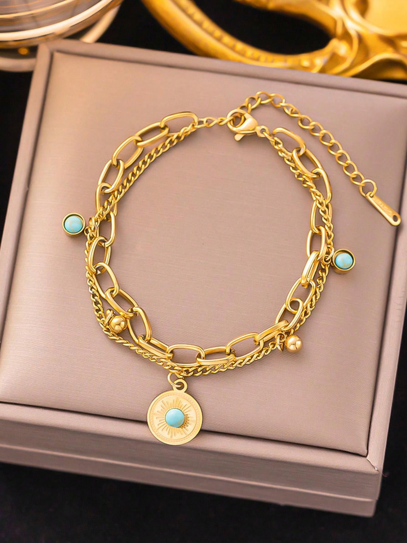 Shein - 1pc Dual Layer Turquoise Bead Stainless Steel Bracelet