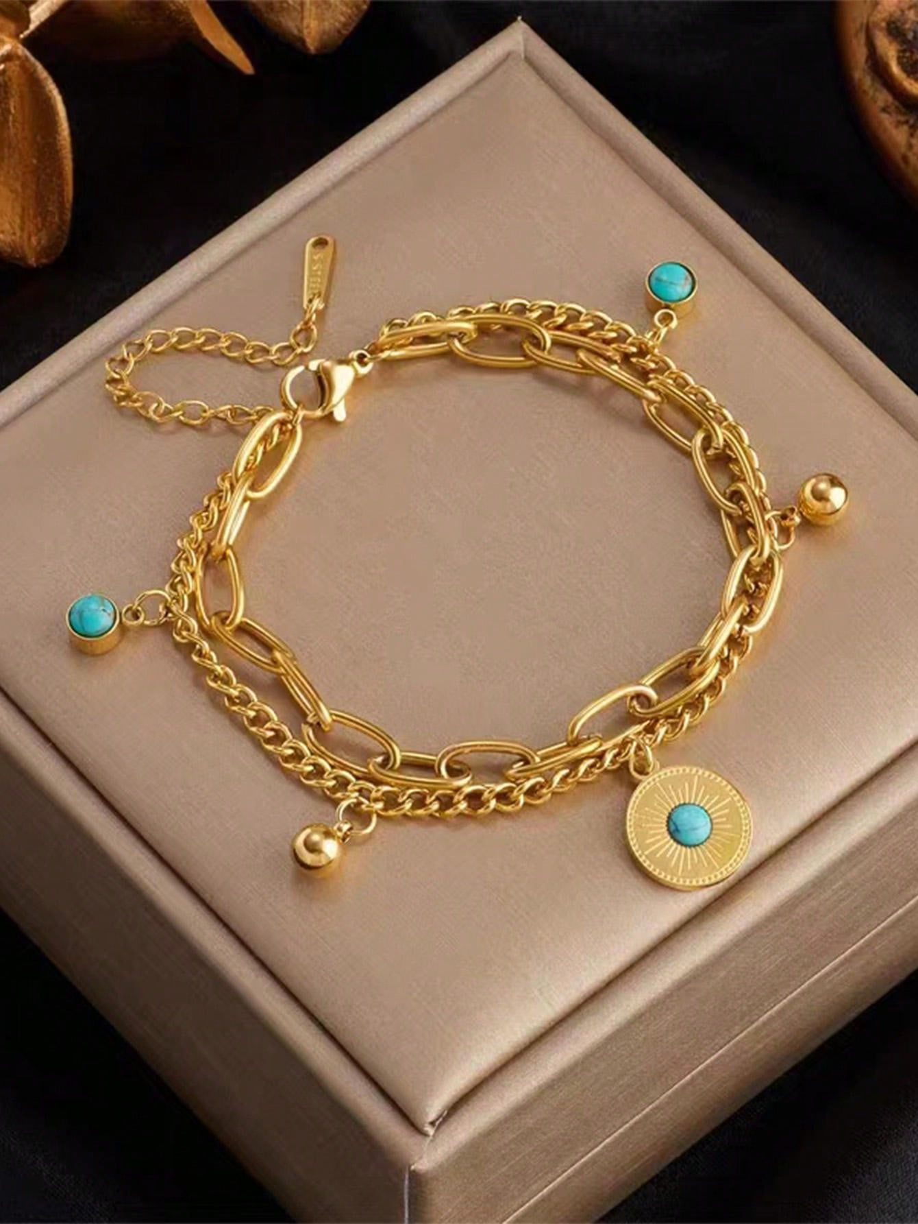 Shein - 1pc Dual Layer Turquoise Bead Stainless Steel Bracelet