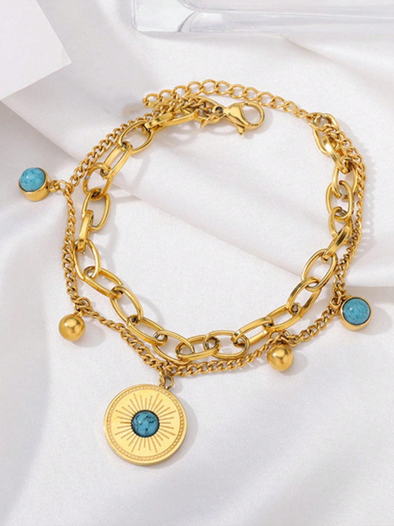 Shein - 1pc Dual Layer Turquoise Bead Stainless Steel Bracelet
