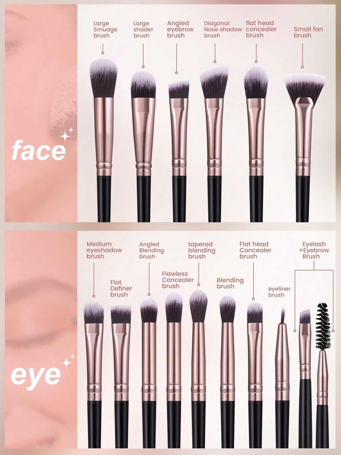 Shein - 15pcs makeup brush sets Premium Synthetic hair Eyeshadow Blending brush sets cosmetics tools for face and eyes Black Friday